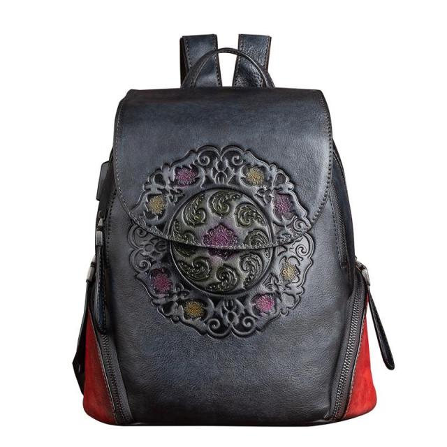 Retro Genuine Leather Women's Handmade Embossing Floral Large Capacity Vintage Backpack