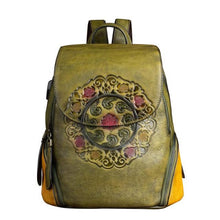 Load image into Gallery viewer, Retro Genuine Leather Women&#39;s Handmade Embossing Floral Large Capacity Vintage Backpack
