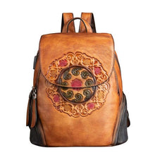 Load image into Gallery viewer, Retro Genuine Leather Women&#39;s Handmade Embossing Floral Large Capacity Vintage Backpack
